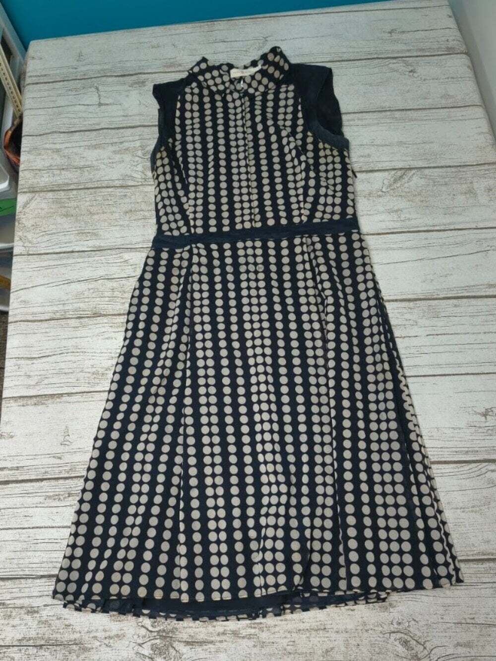 Tory Burch Navy Cream Polka Dot Fit Flare Silk Dress Size 6